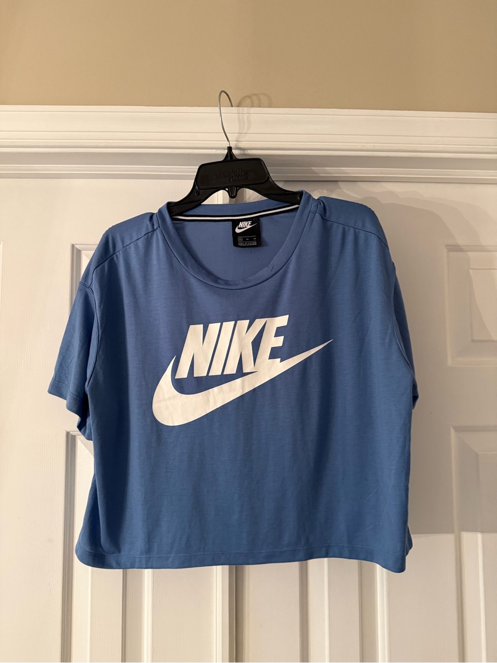 Nike Women's Light Blue Crop Logo Tee with White Swoosh